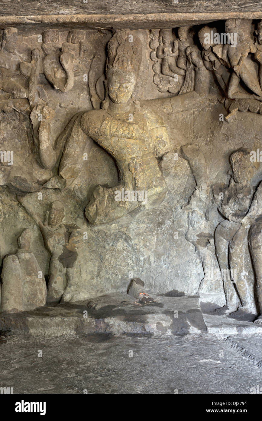 Mandapeshwar Caves. Main cave, interior left chamber, depicting dancing Shiva. Borivali, Mumbai, Maharashtra, India. Stock Photo