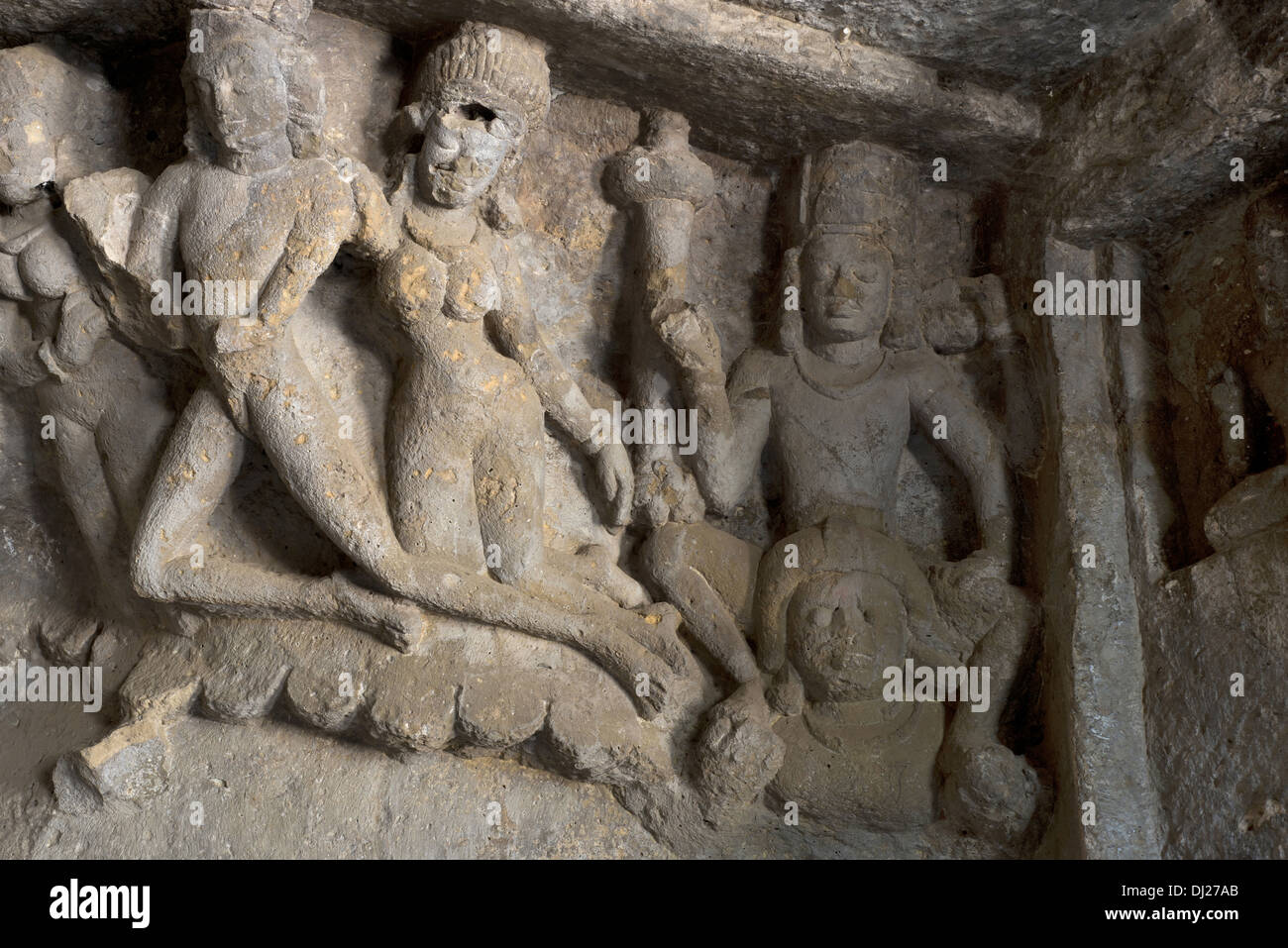 Mandapeshwar Caves. Flying figures and Yama on viewer's upper right paying obeisance to Lord Shiva. Borivali, Mumbai Stock Photo