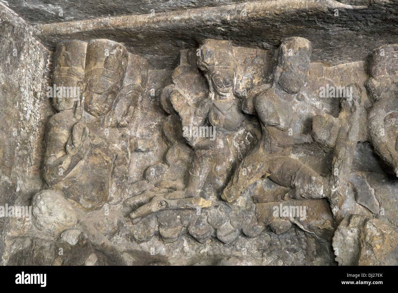 Mandapeshwar Caves. Flying figures and Brahma on viewer's upper left paying obeisance to Lord Shiva. Borivali, Mumbai Stock Photo