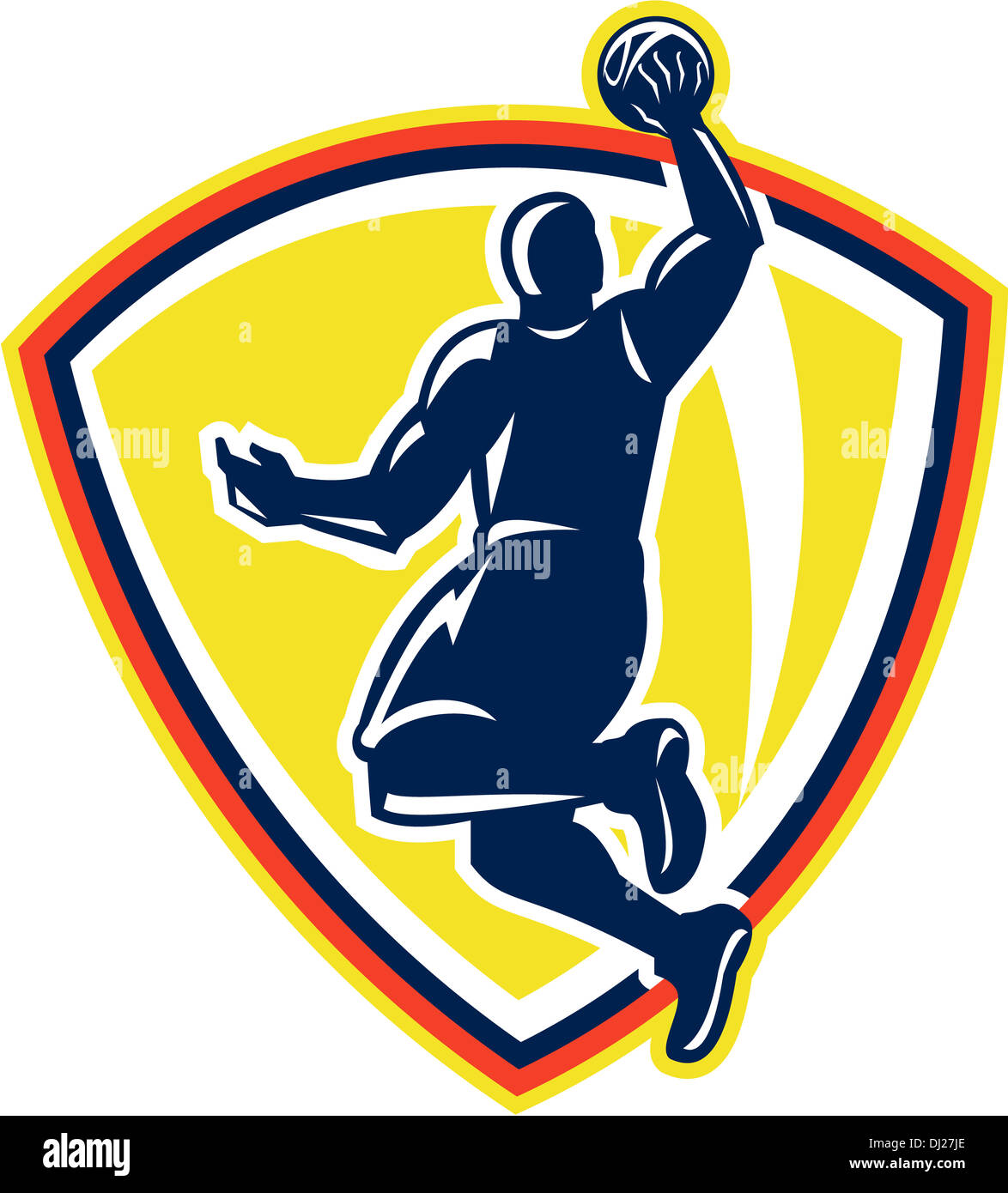 Illustration of a basketball player dunking rebounding lay up ball set inside shield crest done in retro style. Stock Photo