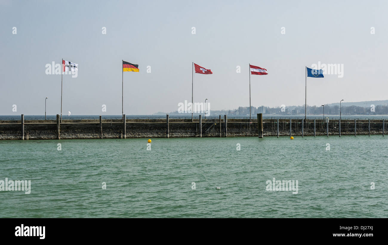 Konstanz, Germany: European flags on the lake shore. Stock Photo
