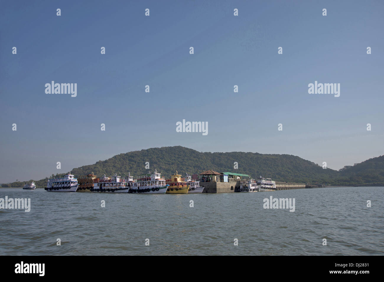 Elephanta Caves - View of jetty and Gharapuri island. Stock Photo