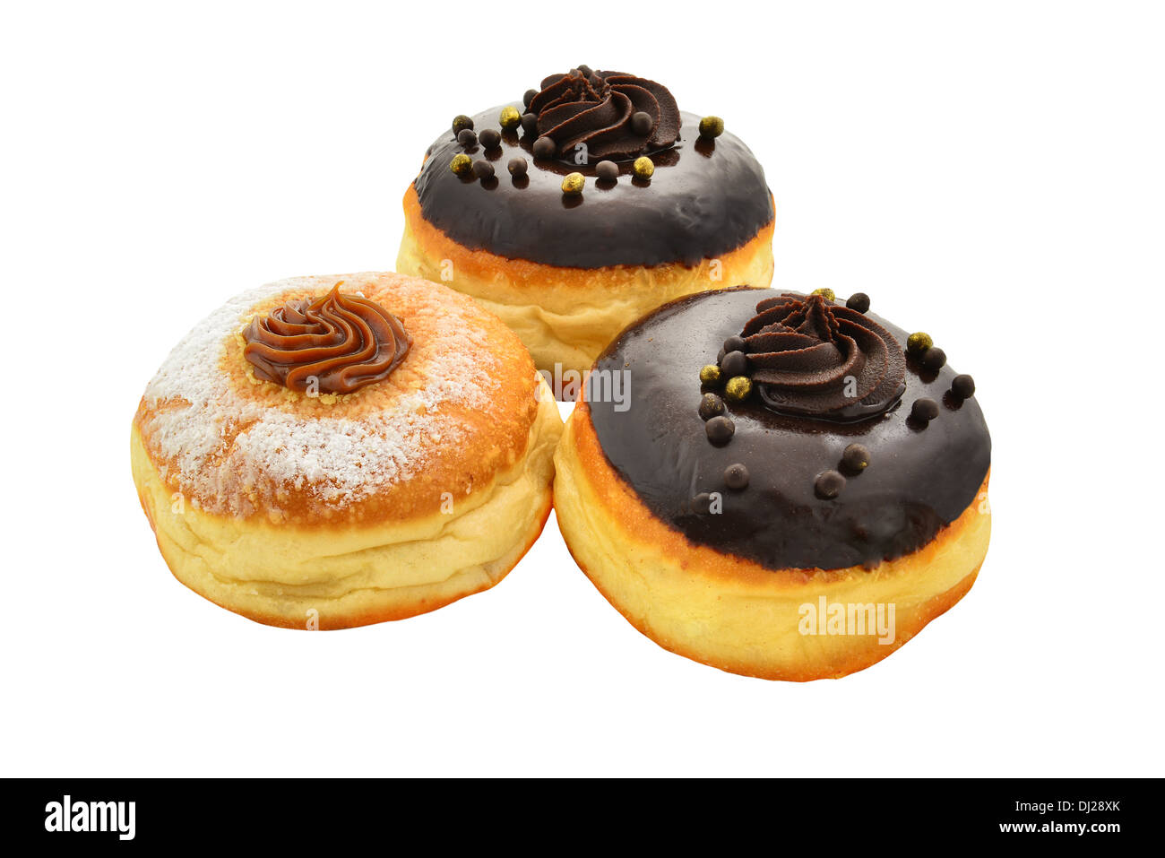 Sufganiyot - donuts for Hanukkah. With black chocolate and dulce de leche. Stock Photo
