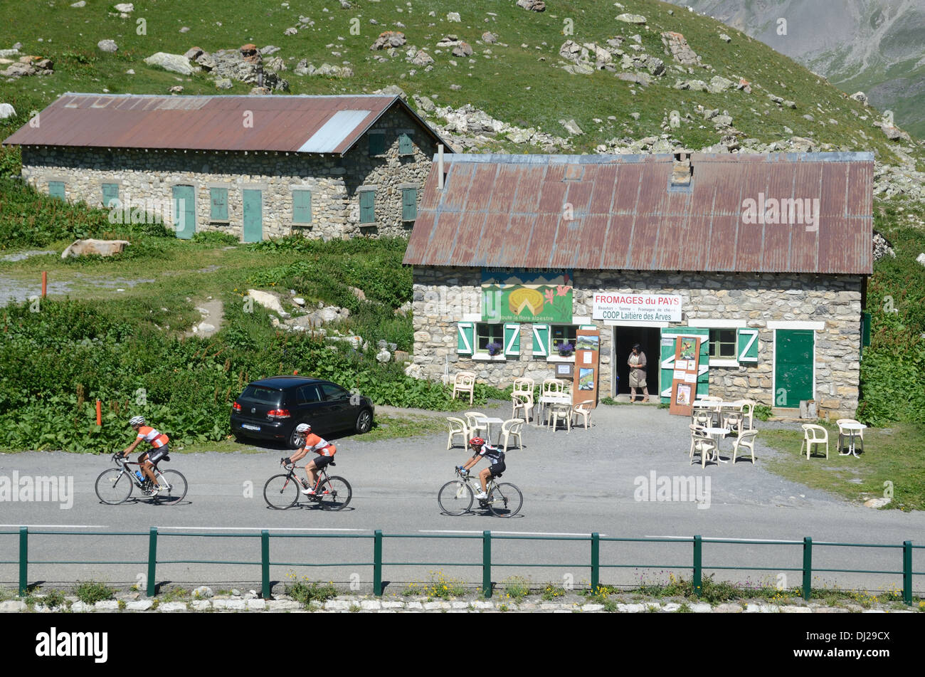 Cyclists & Roadside Café or Restaurant on the Col du Galibier Mountain Pass French Alps France Stock Photo