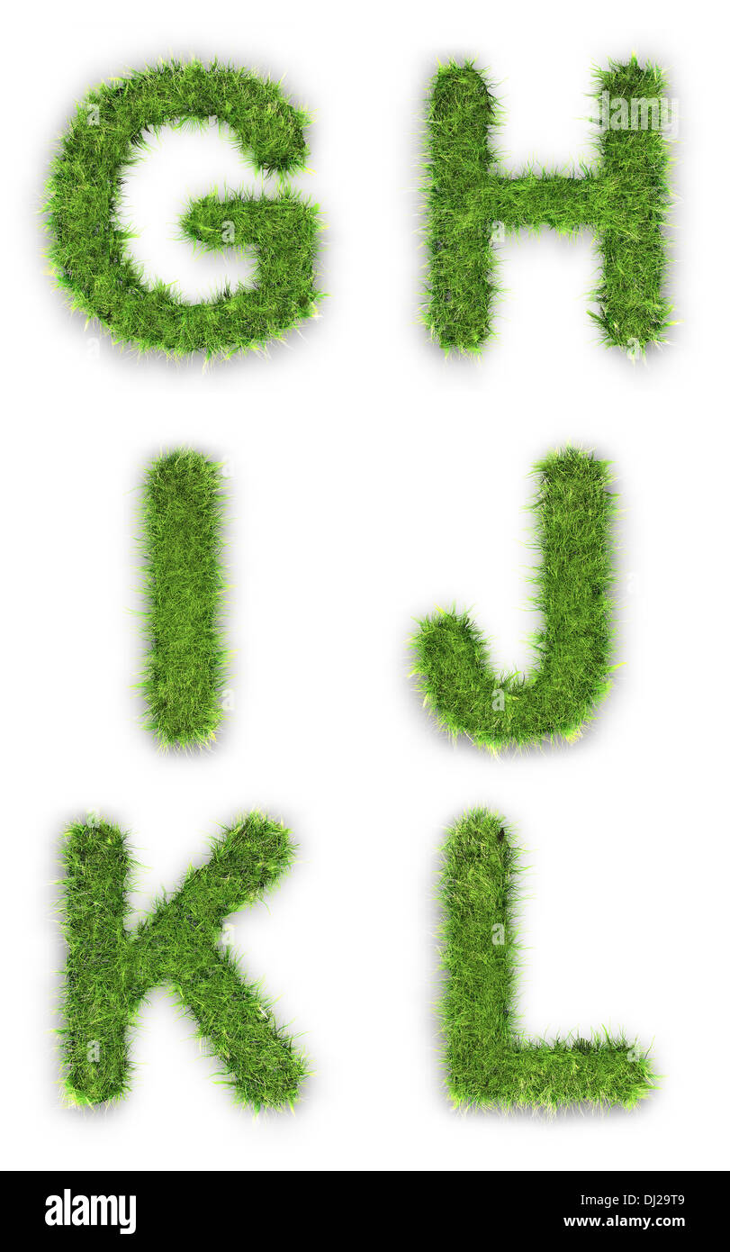 Letters G,H,I,J,K,L made of green grass isolated on white Stock Photo