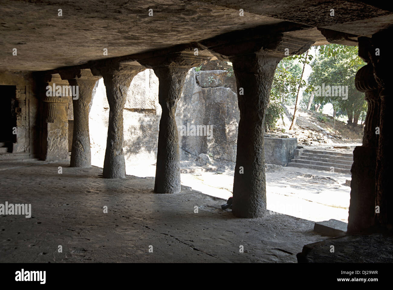 Mandapeshwar Caves. Front Pillars of main hall. Borivali, Mumbai, Maharashtra, India. Stock Photo