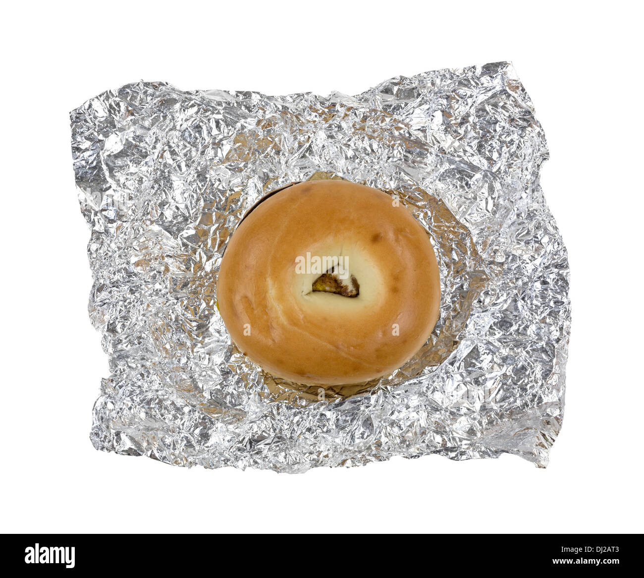 Top view of a breakfast bagel atop wrinkled aluminum foil on a white background. Stock Photo