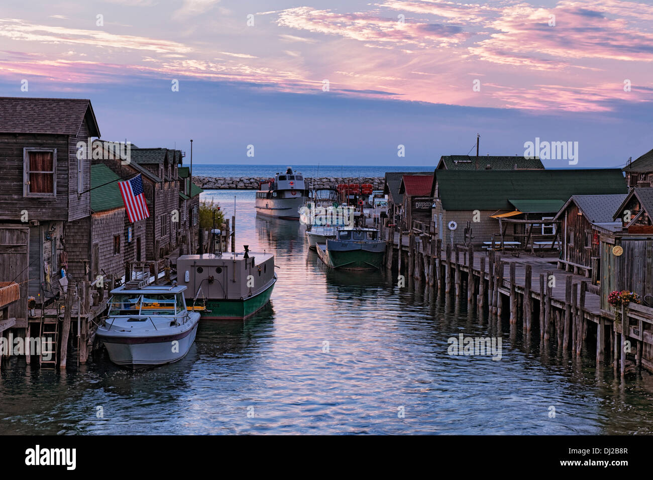 Sunset over Lake Michigan and Historic Fishtown in Leland, Michigan