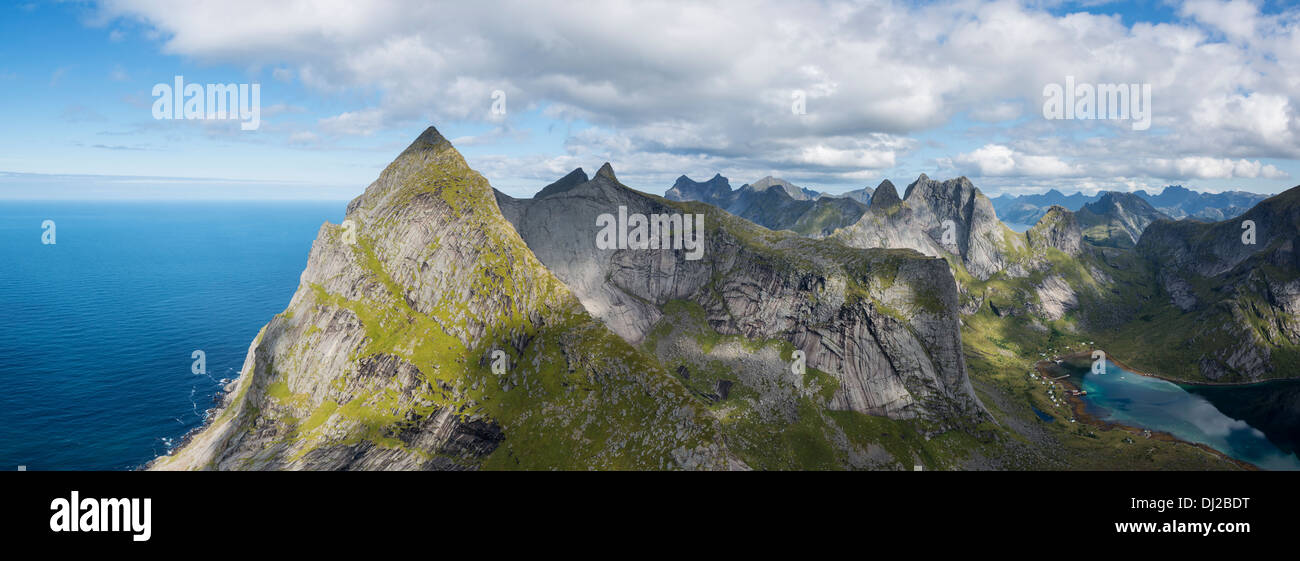 View towards Stamprevtinden and mountains of Moskensoy from summit of Helvetestinden, Lofoten Islands, Norway Stock Photo