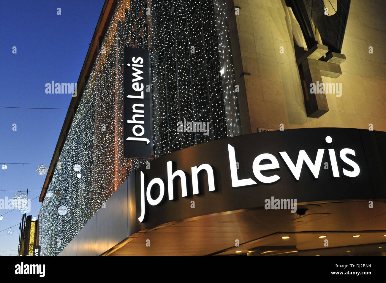 A close up view of John Lewis on Oxford Street, with Christmas decorations Stock Photo