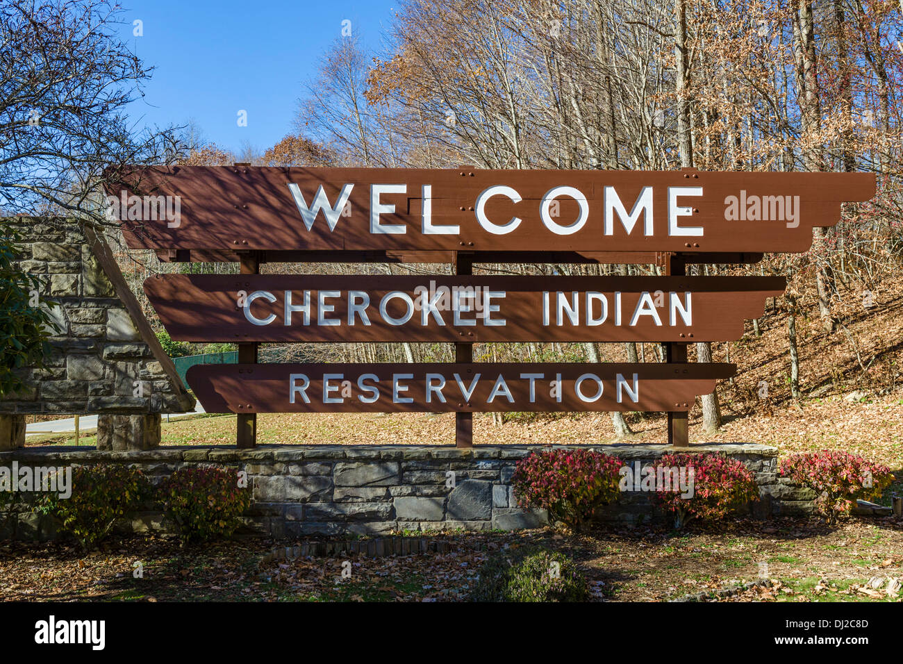 Welcome sign to the Cherokee Indian Reservation, Cherokee, North Carolina, USA Stock Photo