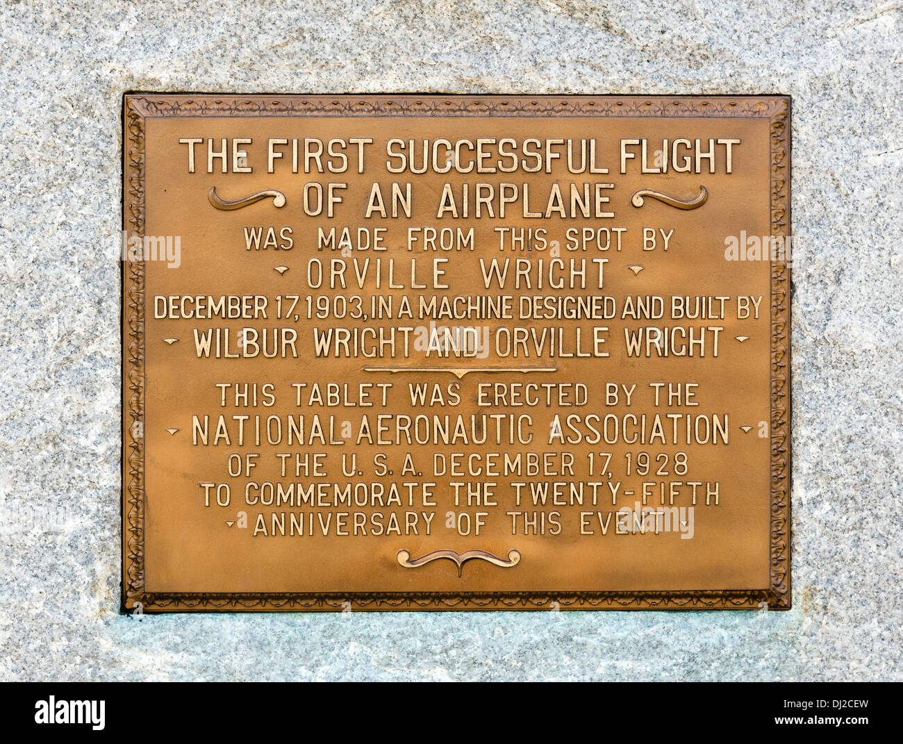 Plaque commemorating first flight on 17 December 1903, Wright Brothers National Memorial, Kill Devil Hills, North Carolina, USA Stock Photo