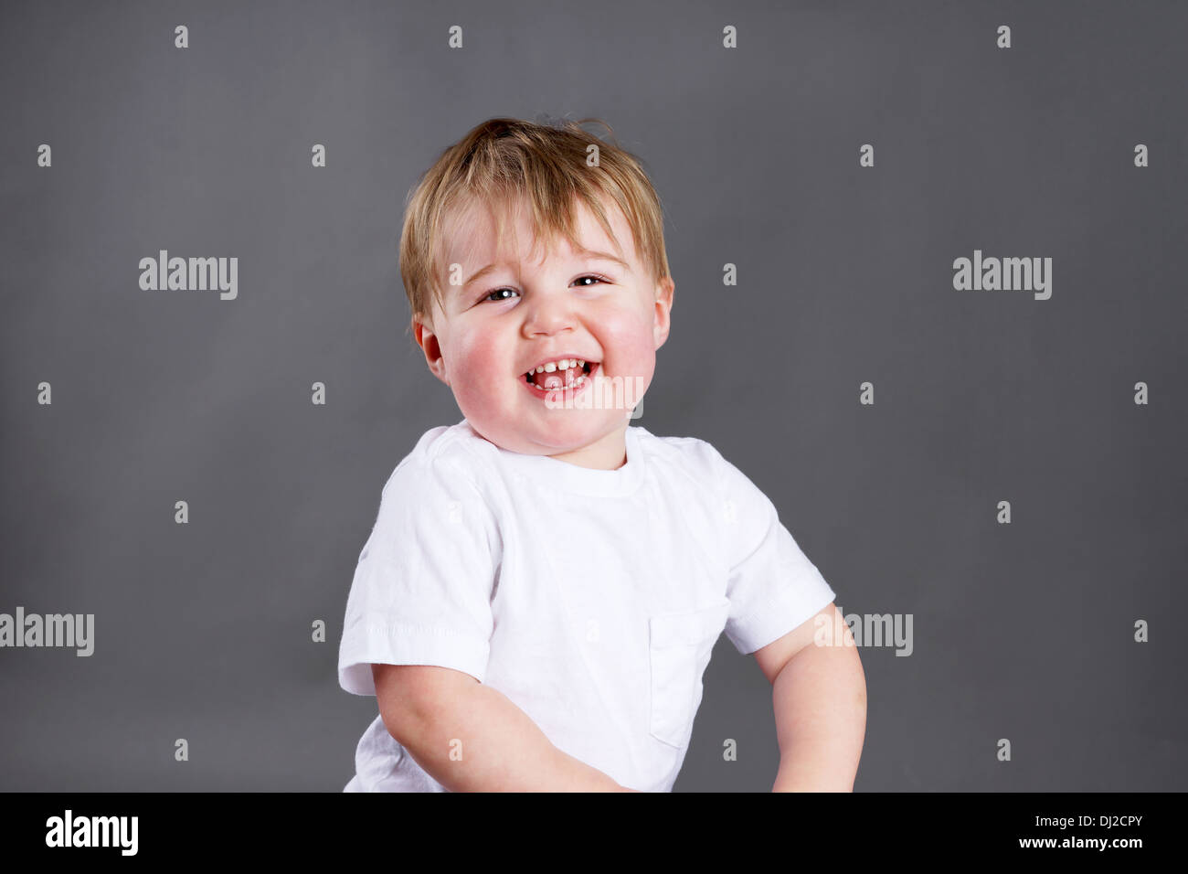 Cute little blond boy or toddler laughing, studio over grey Stock Photo