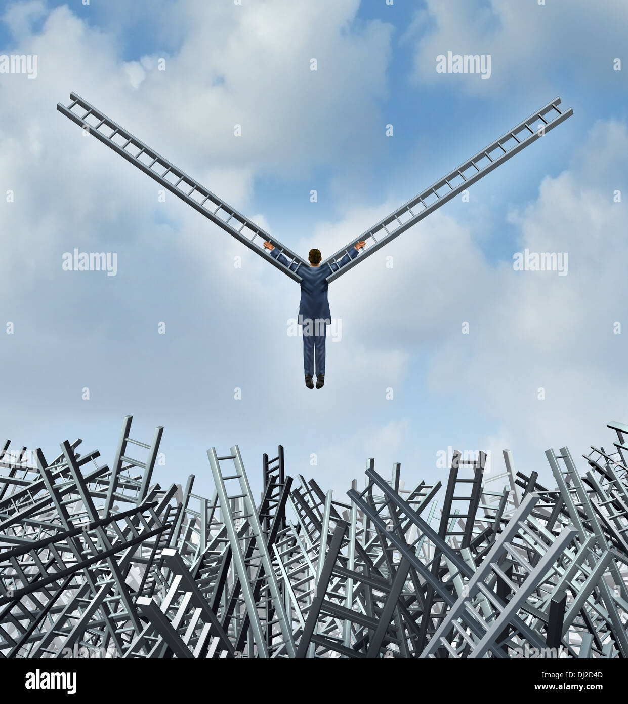 New leadership solutions business concept with a businessman rising up from a group of confused tangled ladders using the ladder metaphor as bird wings to escape and fly towards opportunity and financial freedom. Stock Photo