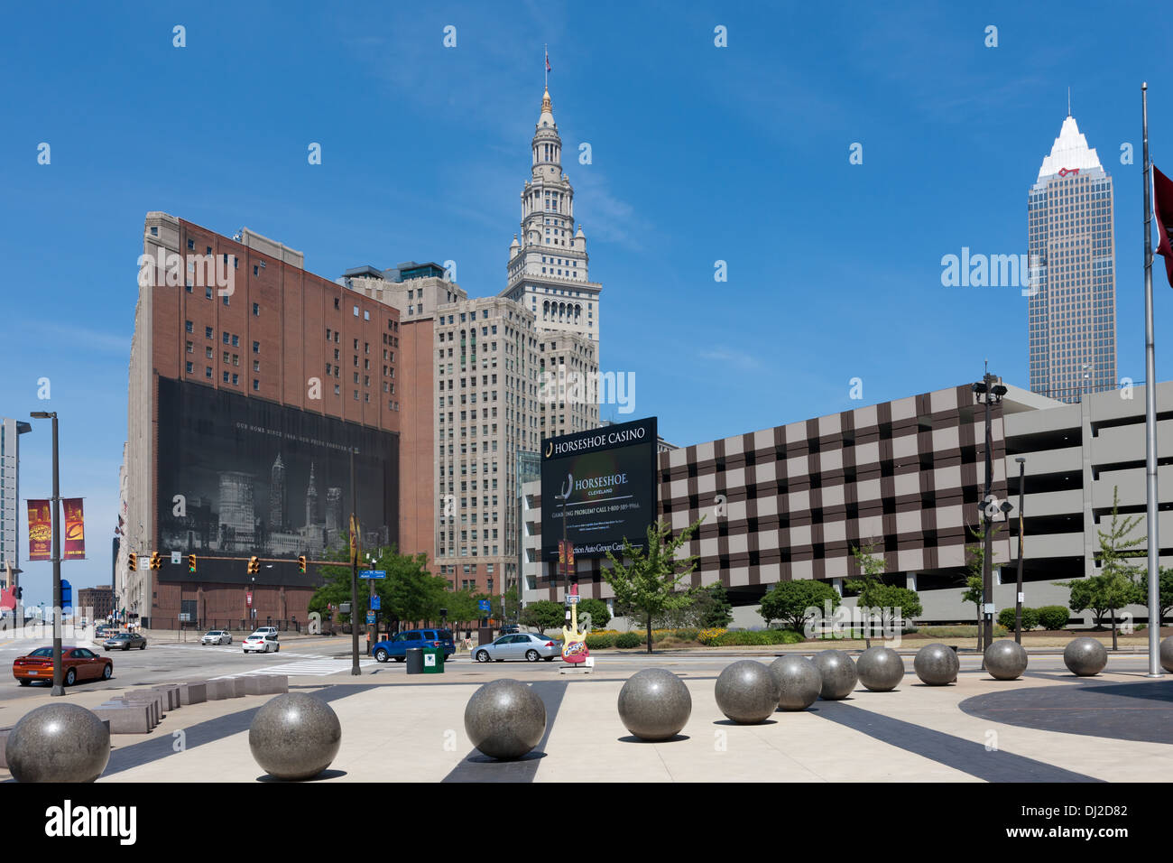 A view toward Tower City and the Terminal Tower from Quicken Loans Arena in Cleveland, Ohio. Stock Photo