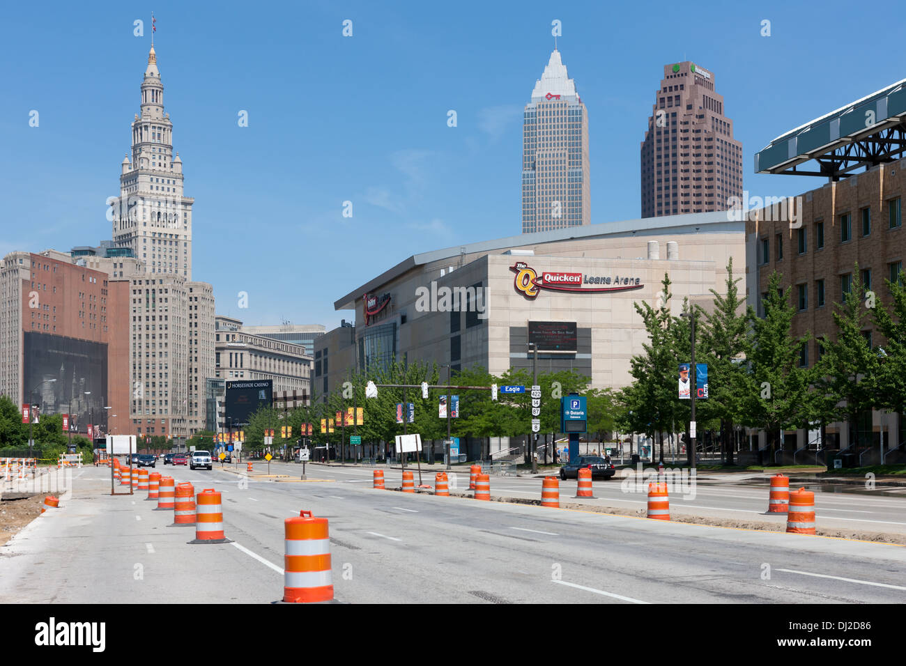 Construction barrels warn motorists of road improvements underway on Ontario Street in Cleveland, Ohio. Stock Photo