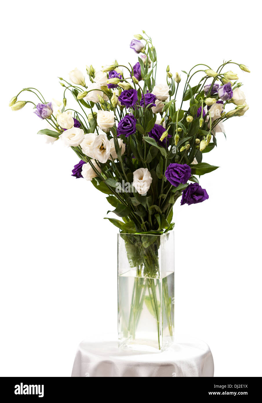 Bouquet of eustoma flowers in vases, isolated on white Stock Photo