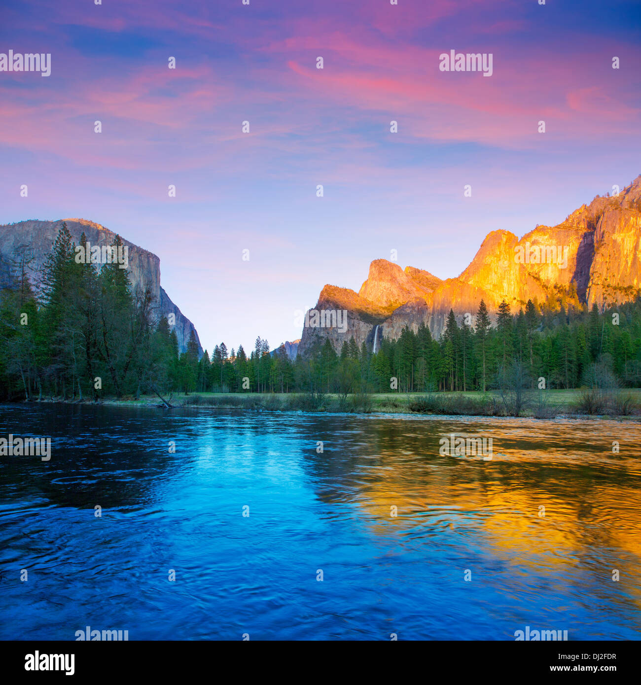 Yosemite Merced River el Capitan and Half Dome in California National Parks US Stock Photo