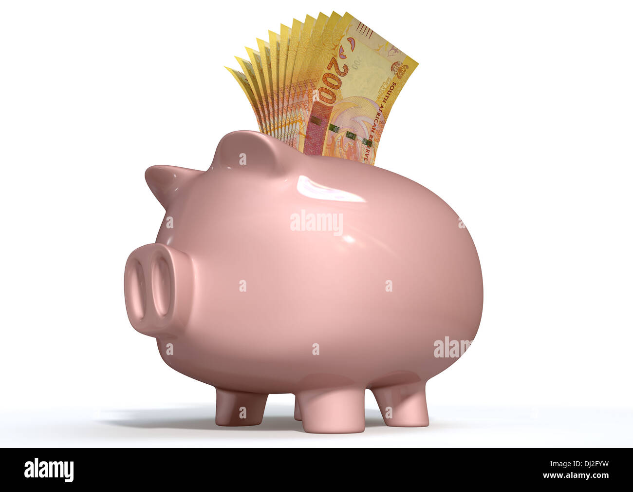 A pink ceramic piggy bank on an isolated white background with a wad of ...