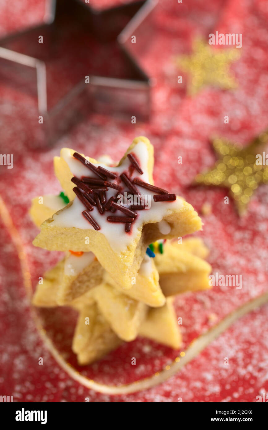 Star-shaped cookie with chocolate sprinkles on top of a cookie pile (Selective Focus) Stock Photo