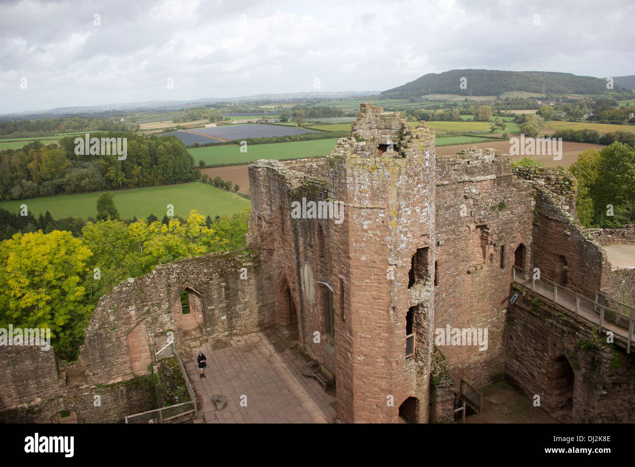 View from the top of Goodrich Castle, a now ruinous Norman medieval castle situated in the village of Goodrich in Herefordshire. Stock Photo