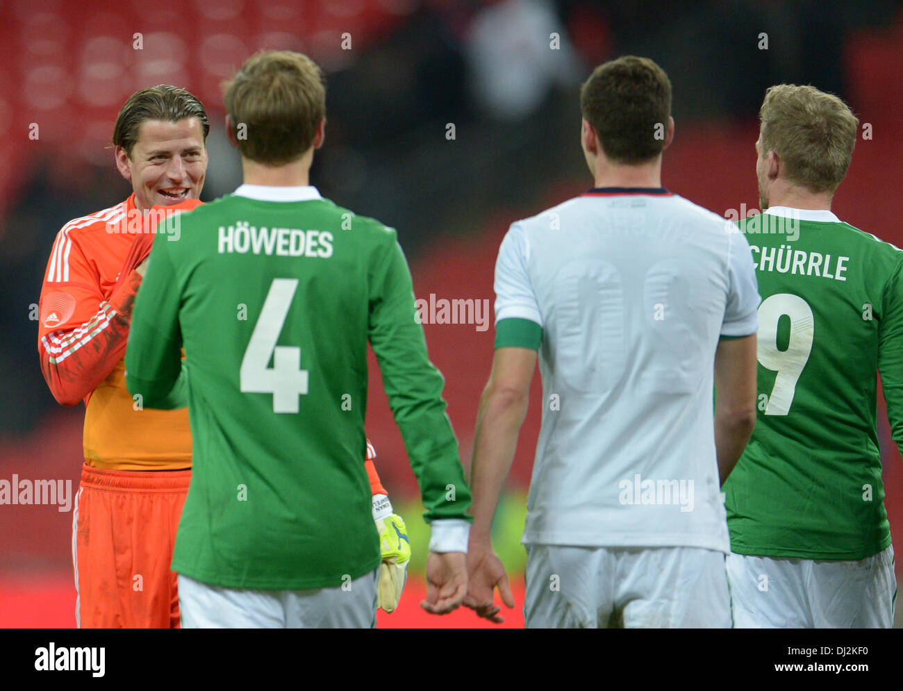London, UK. 19th Nov, 2013. Germany's goalkeeper Roman Weidenfeller (L) reacts after the friendly soccer match between England and Germany at Wembley Stadium in London, UK, 19 November 2013. Photo: Andreas Gebert/dpa/Alamy Live News Stock Photo