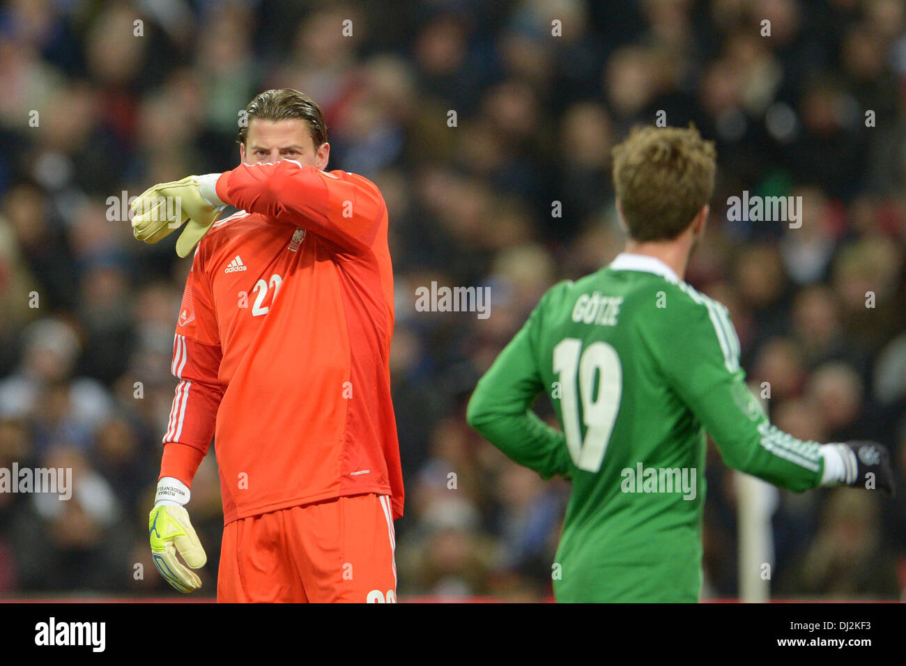 London, UK. 19th Nov, 2013. Germany's goalkeeper Roman Weidenfeller gestures during the friendly soccer match between England and Germany at Wembley Stadium in London, England, 19 November 2013. Photo: Andreas Gebert/dpa/Alamy Live News Stock Photo