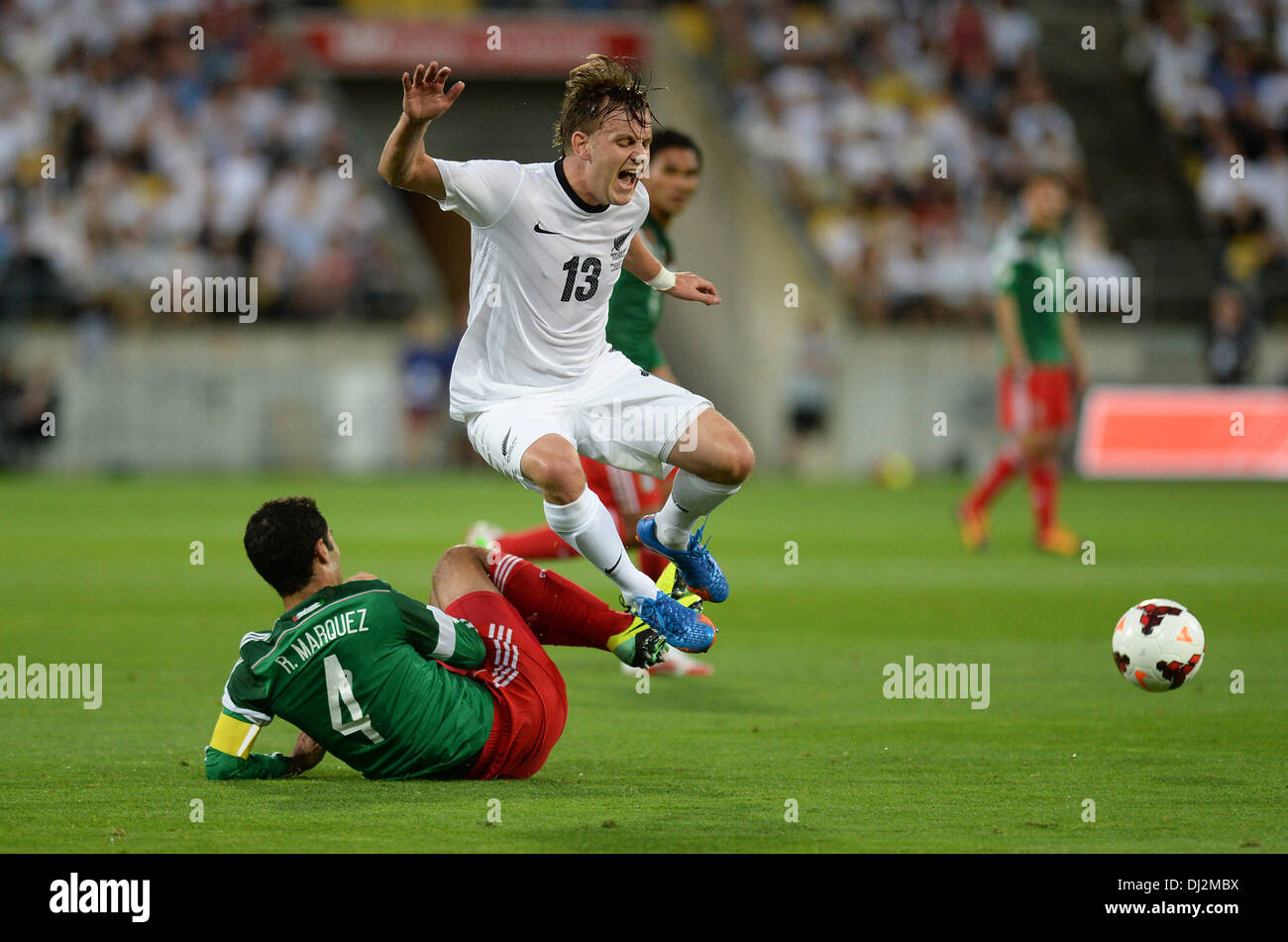 Wellington, New Zealand. 20th Nov, 2013. Chris James and Rafael Marquez during the FIFA Football World Cup Qualifier 2nd Leg match. New Zealand All Whites v Mexico. Credit:  Action Plus Sports/Alamy Live News Stock Photo