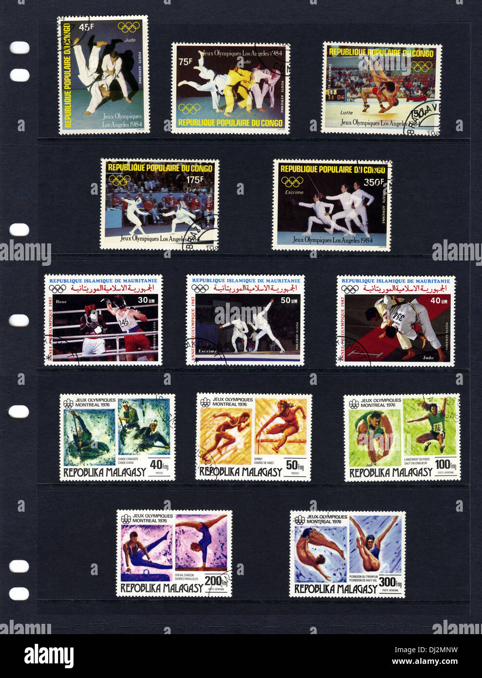 Olympic sports postage stamp collection from Democratic Republic of the Congo, Islamic Republic of Mauritania & Republic of Madagascar Stock Photo