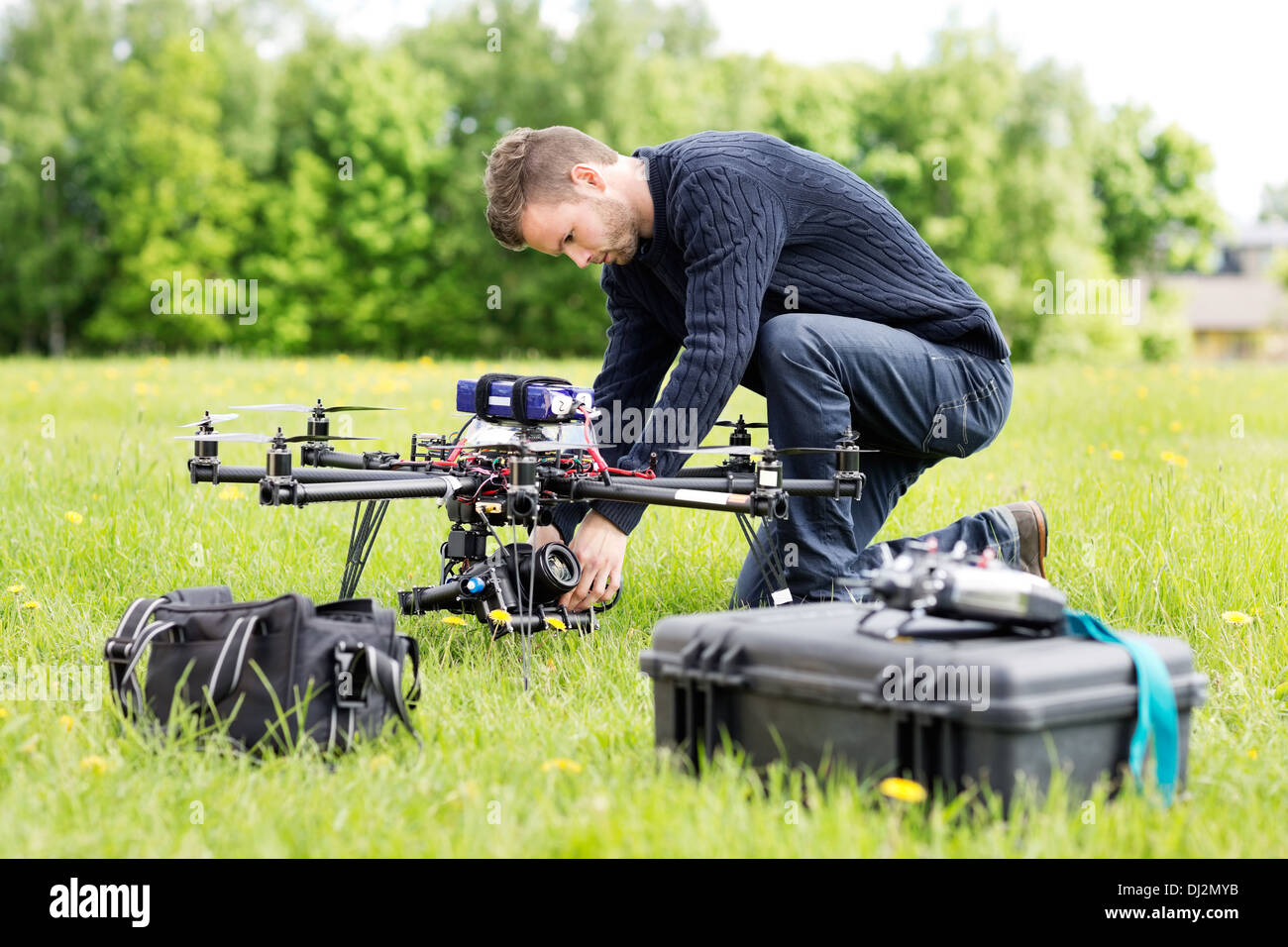 Engineer Setting Camera On UAV Helicopter Stock Photo Alamy
