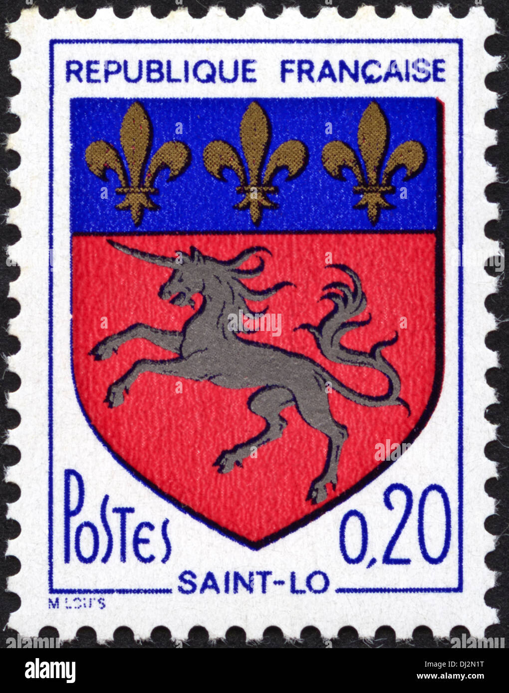 postage stamp Republic of France 20c featuring the Coat of Arms of Saint-Lo dated 1966 Stock Photo