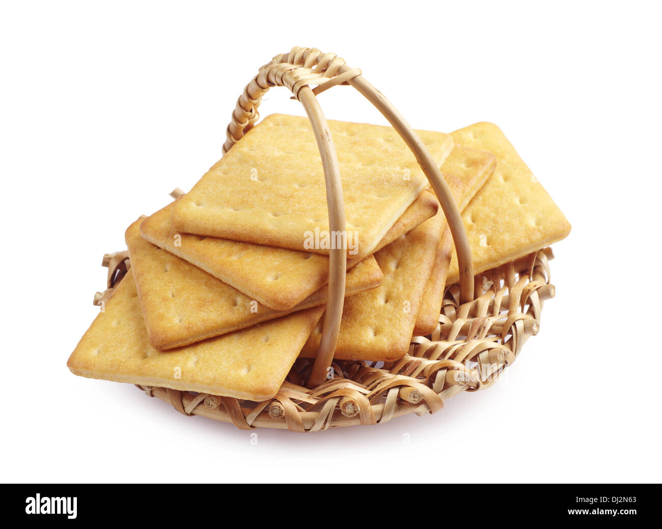 Rectangle cheese crackers in a wicker basket on white background Stock