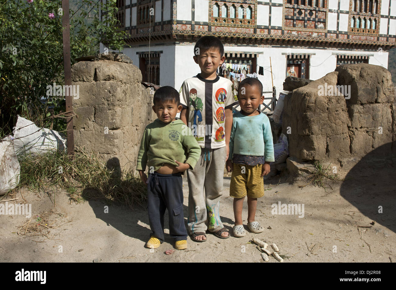 Three Bhutanese boys, Lobesa, Bhutan Stock Photo