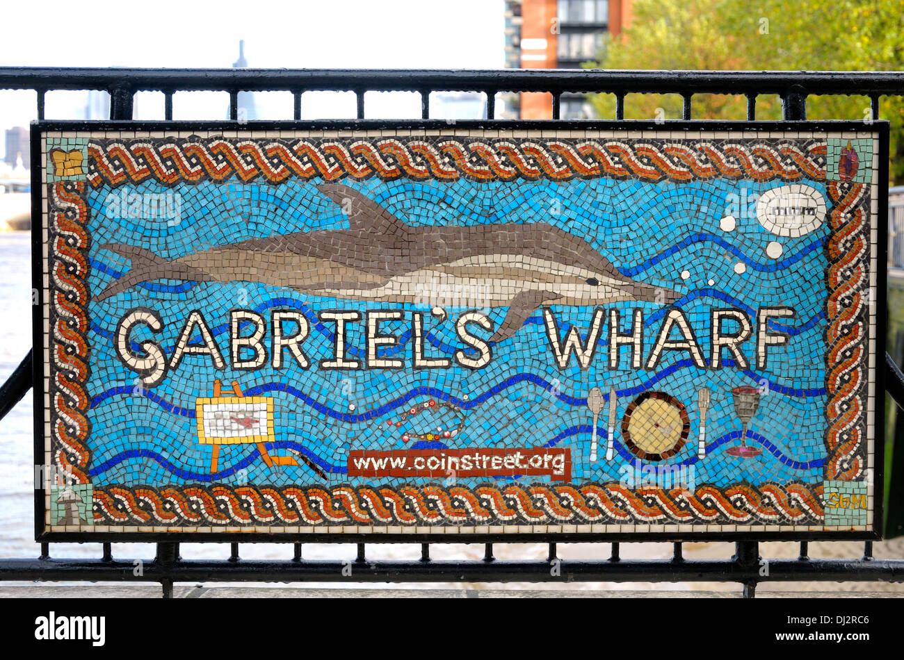 London, England, UK. Gabriel's Wharf mosaic sign on the South Bank - part of the Coin Street development Stock Photo