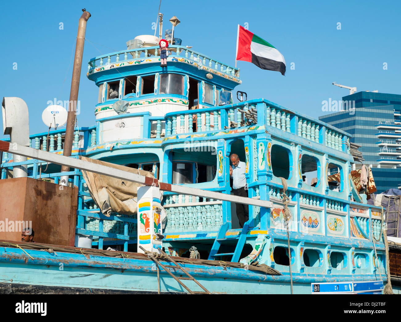 Traditional cargo dhow at cargo wharf on The Creek in Dubai United Arab Emirates Stock Photo