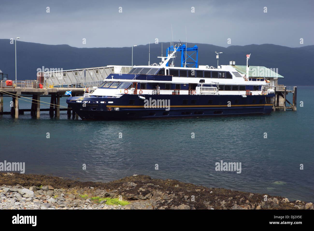 MV Lord of the Glens, small cruise vessel with boutique style cabins docked at Craignure in the Isle of Mull Stock Photo