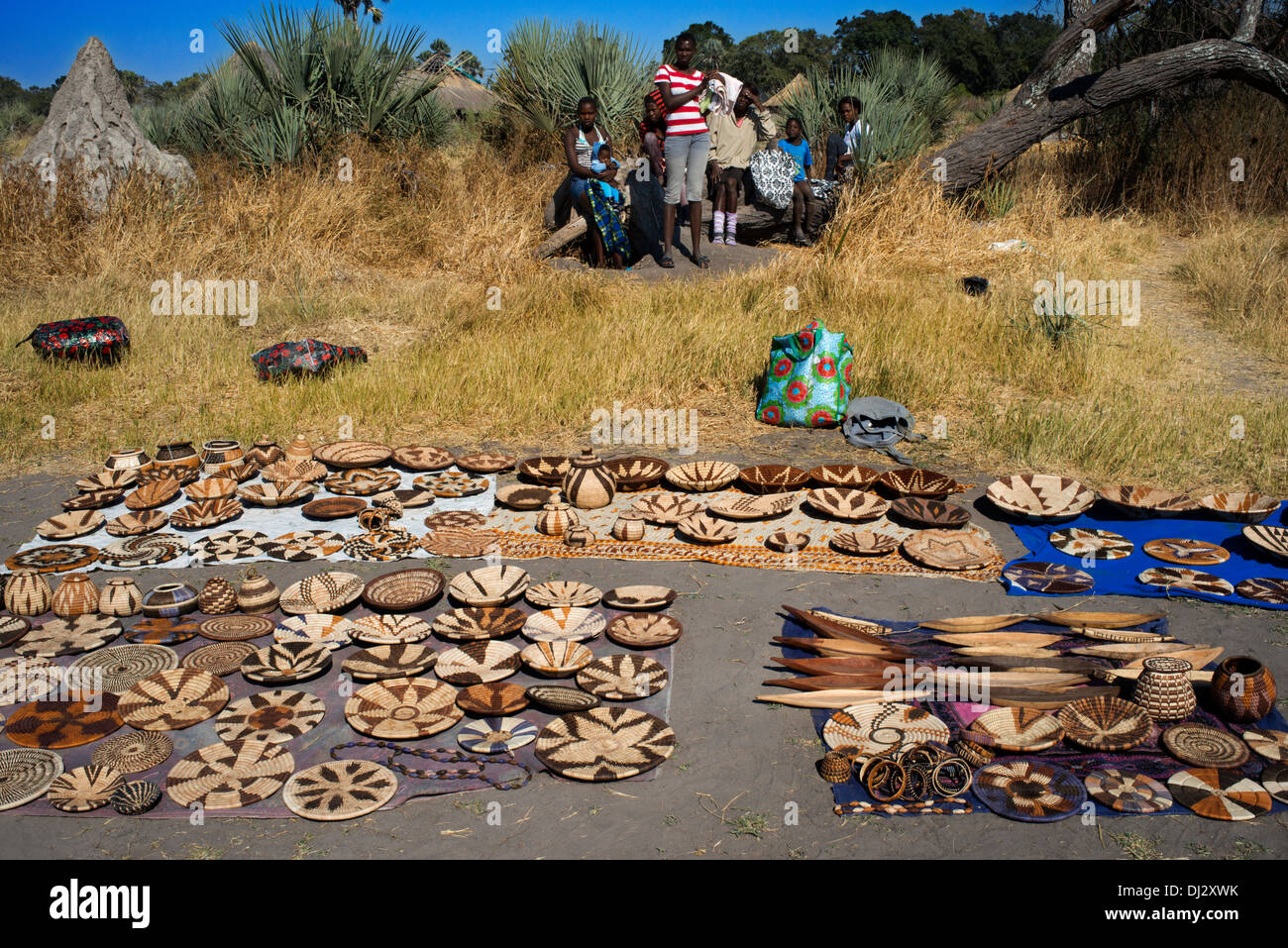 Improvised craft market with the arrival of tourists in the camp Batawana . In the vicinity of Camp Eagle Island Camp by O.E. Stock Photo