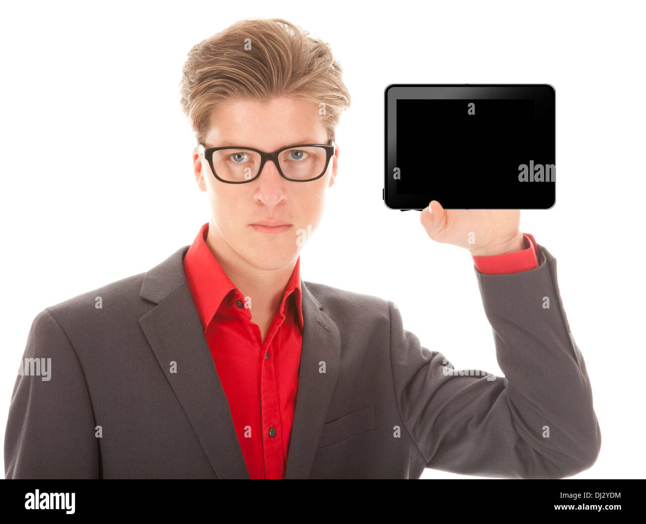 Young man holding a mini tablet isolated on white background Stock Photo