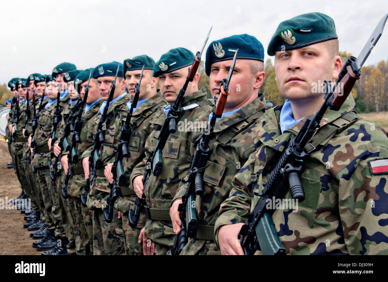 A Polish army honor guard stands in formation during a ceremony October 27, 2013 in Drawsko Pomorskie, Poland. Stock Photo