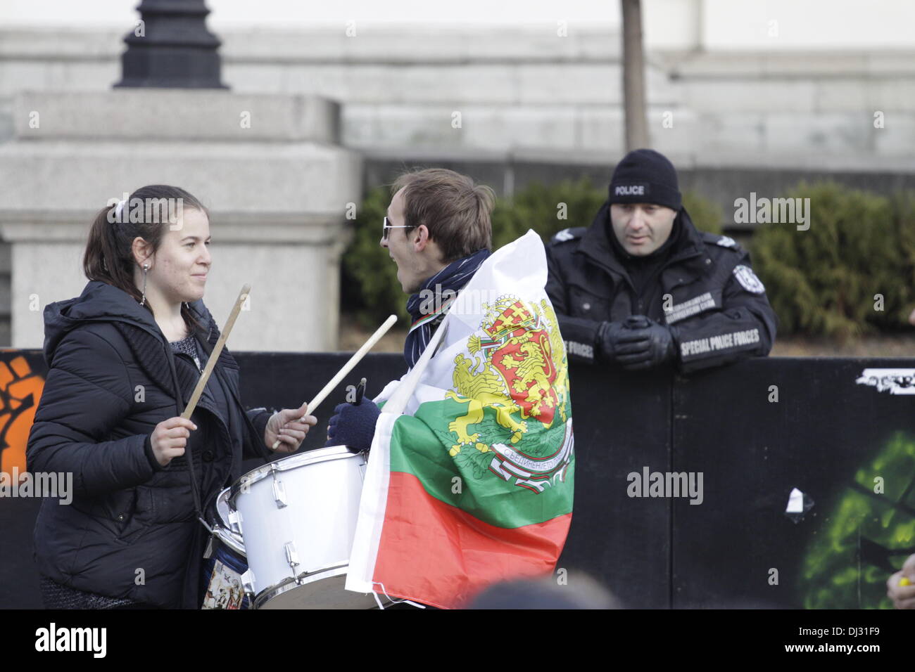 Sofia, Bulgaria; 20 November 2013. Students beating a drum during the anti-government protest in front of the parliament. (Credit: Johann Brandstatter / Alamy Live News) Stock Photo