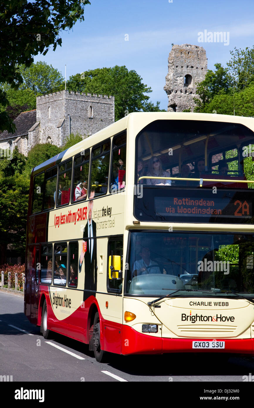Brighton & Hove Bus Company service passing through the village of Bramber, West Sussex, England, UK Stock Photo