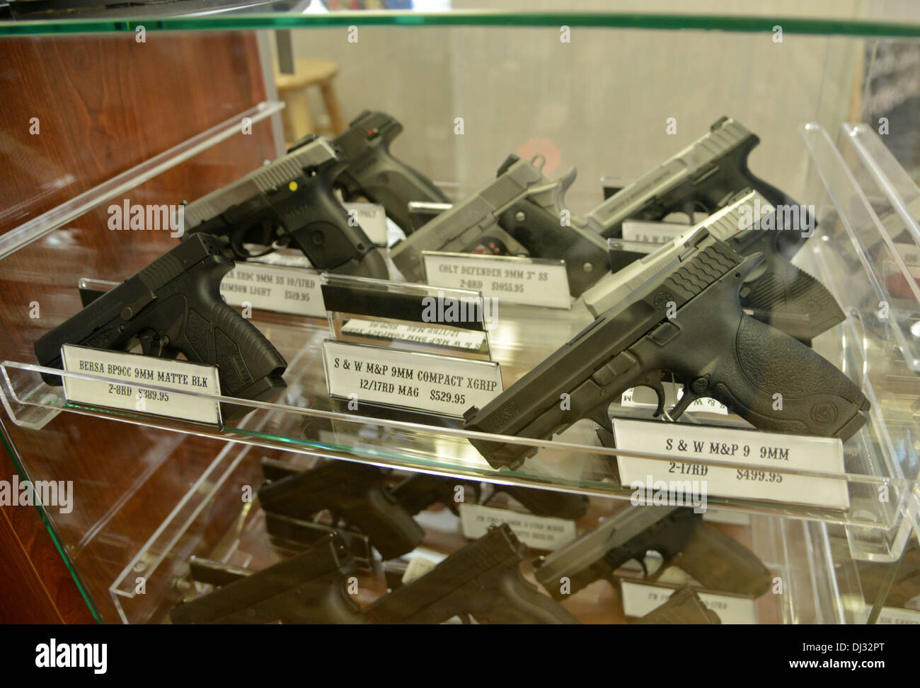 Hand guns on display in a store in small town middle America Stock Photo