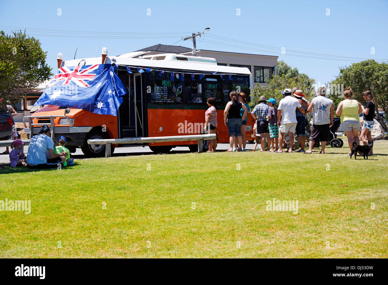 People waiting in line at Ice Cream Van on Australia day, Dongara,  Western Australia Stock Photo