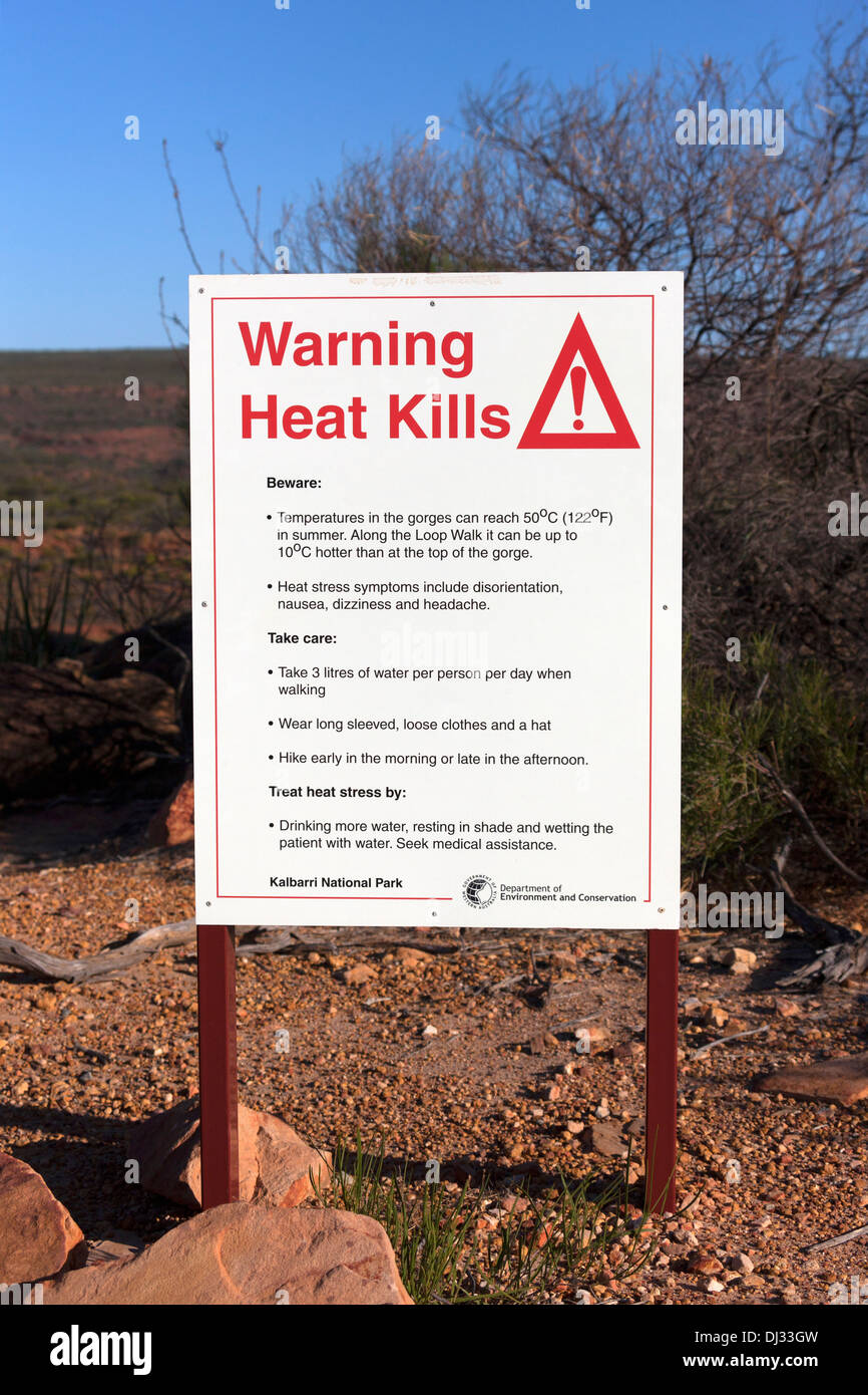 Heat Kills warning sign, Kalbarri National Park, Murchison Western Australia Stock Photo