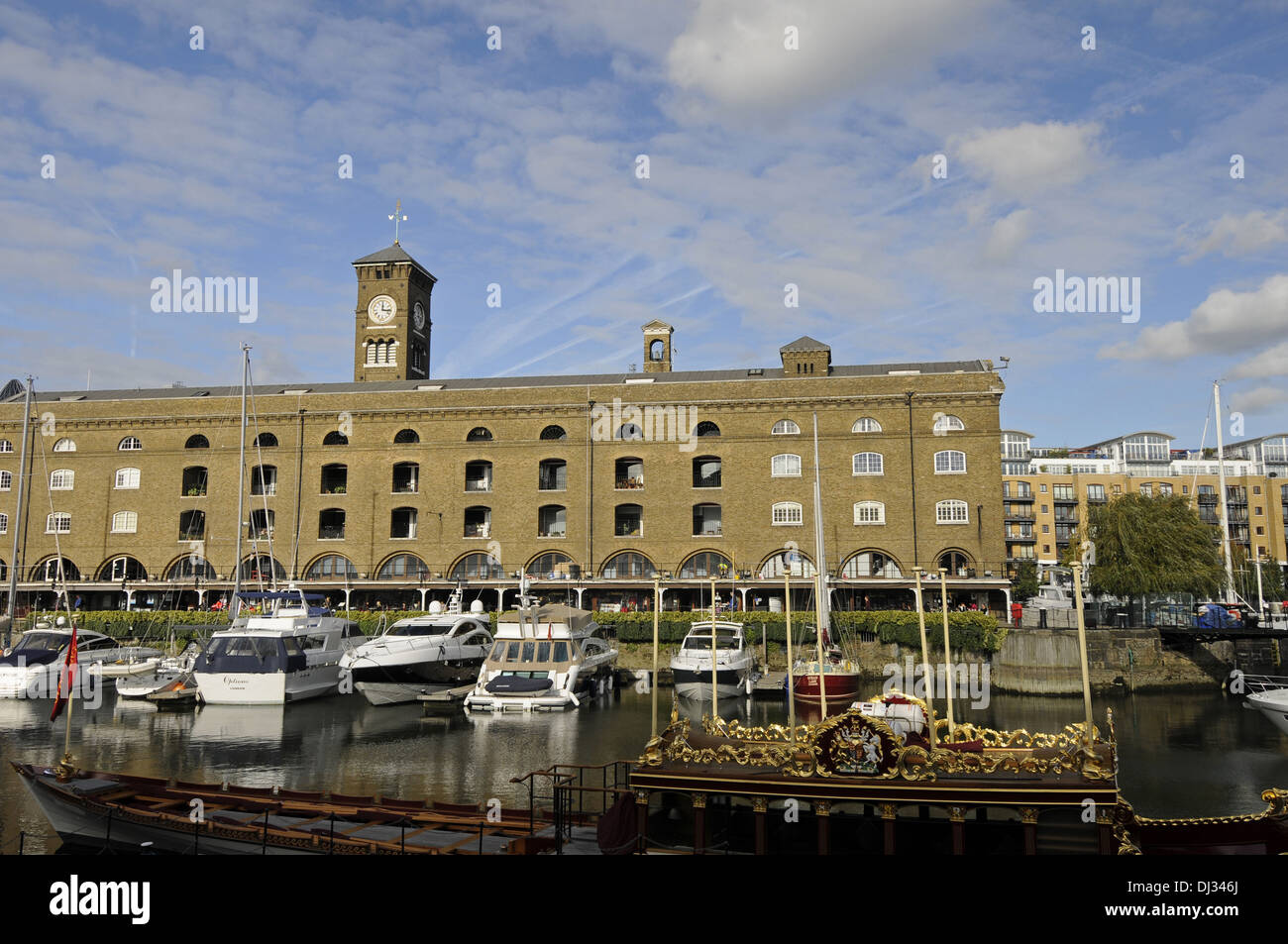 St Katharine's Dock with rowbarge Gloriana London England Stock Photo