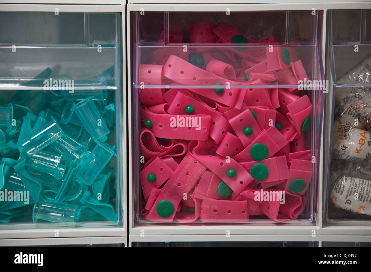 NHS hospital equipment storage of patient tags and containers Stock