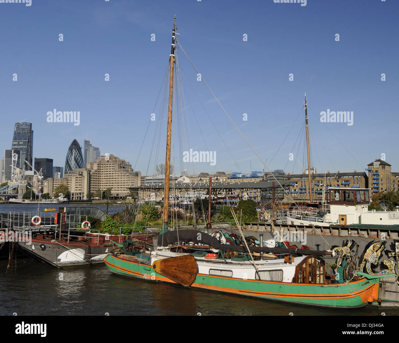 View towards the City of London from Downings Roads Moorings on the River Thames London England Stock Photo