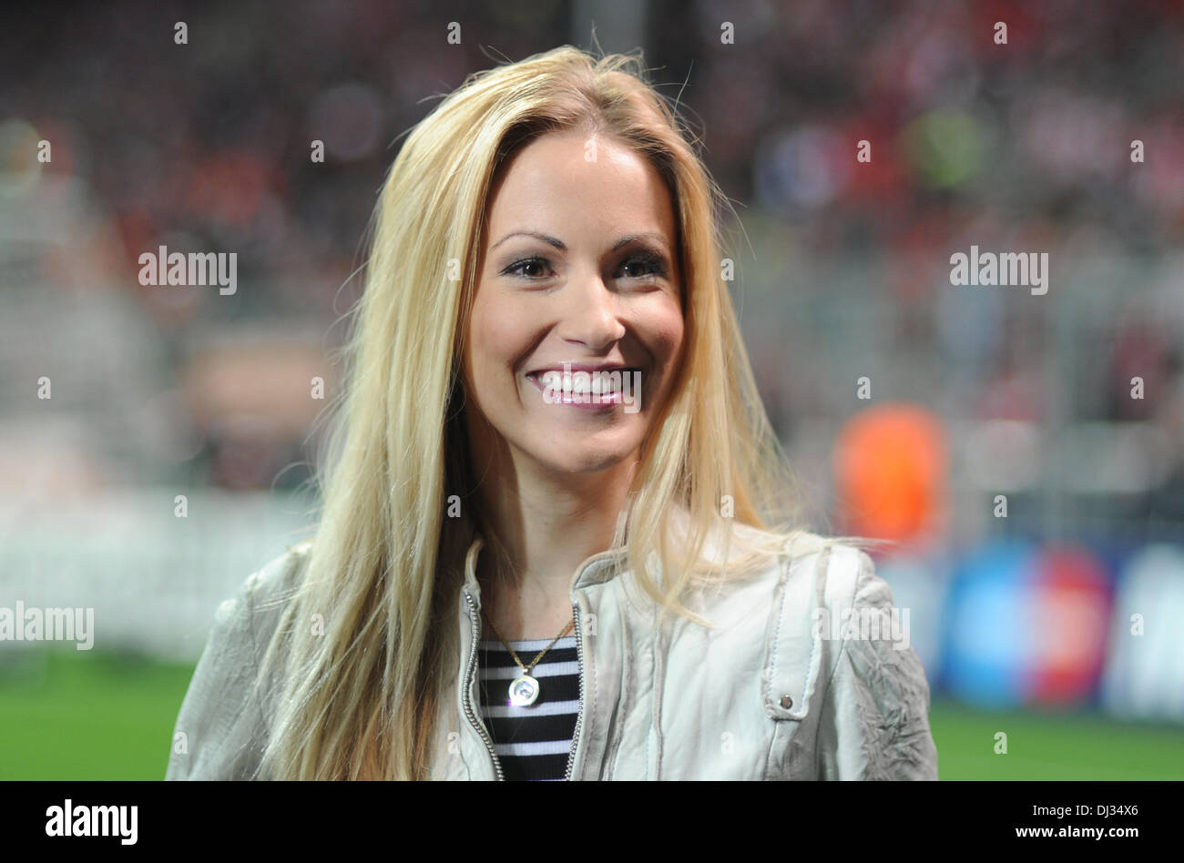Munich, Germany. 03rd April, 2012. Sky TV presenter Andrea Kaiser during an  interview before the Champions League quarter final second leg soccer match  between FC Bayern Munich and Olympique Marseille at the