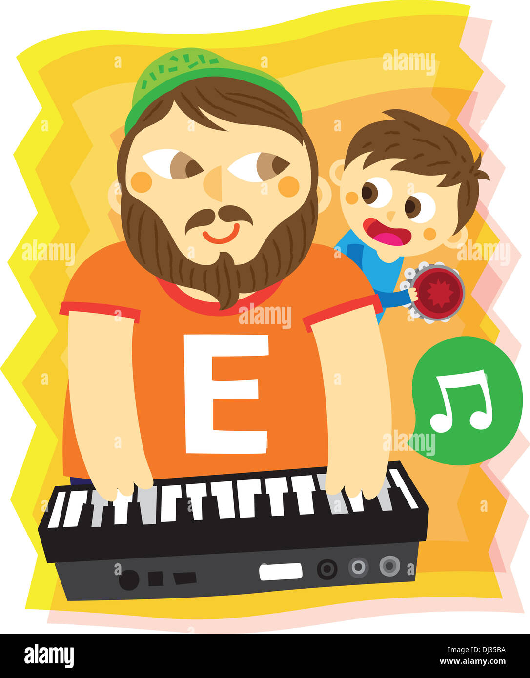 Illustration of father and son playing musical instrument while learning letter E Stock Photo