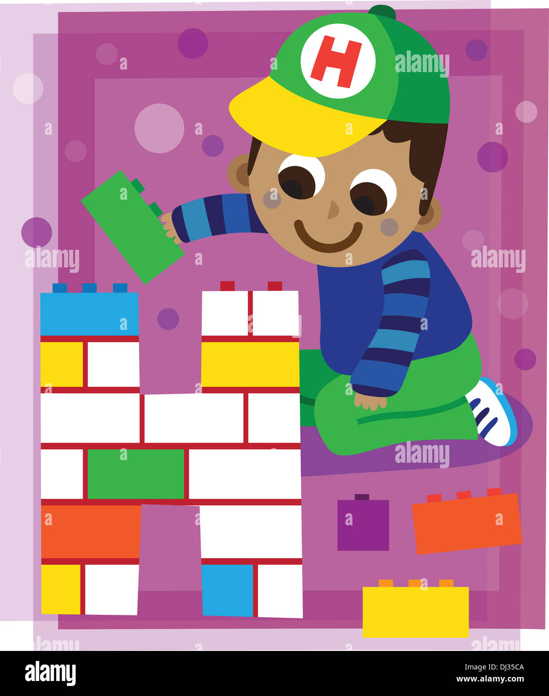 Illustration of boy making letter h with blocks Stock Photo